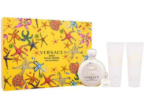 Versace Eros for Women Gift Set – 3.4oz EDP, Shower Gel, Body Lotion & Mini Splash