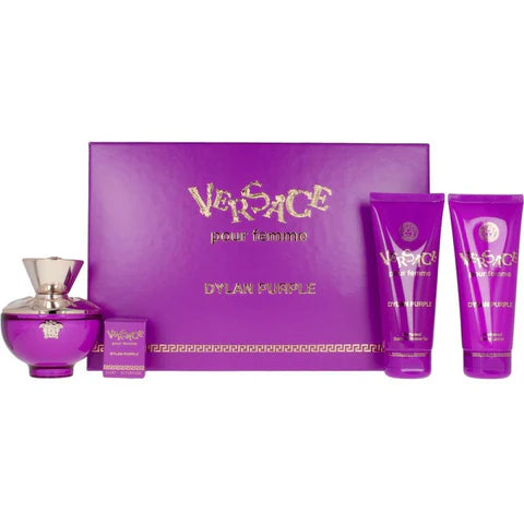 Versace Dylan Purple Women Gift Set – 3.4oz EDP, Body Lotion, Shower Gel & Mini Spray